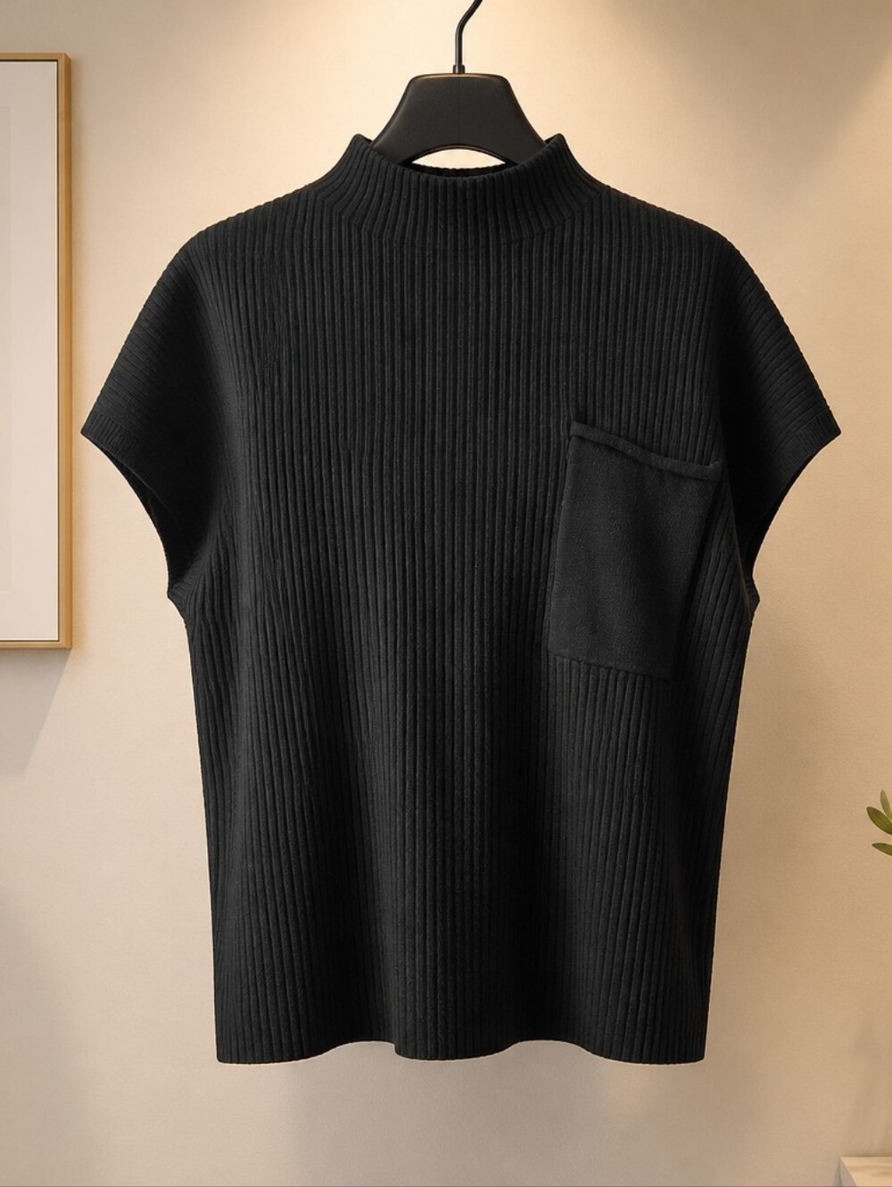 Women's Ribbed Black Short-Sleeve Sweater with Pocket